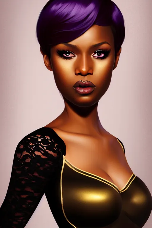Prompt: portrait of a sexy young black super girl, velvet with lace gown, highly detailed and rendered gold jewelry, blonde short hair, digital art, intricate, sharp focus, white eyes, trending on artstation, hq, unreal engine 5, 4 k uhd image, by brom, artgerm, face by otto schmidt