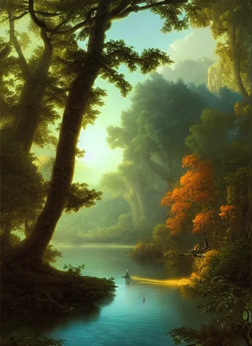 Prompt: the serene river, light shafts, stunning atmosphere, birds, naturalistic art by asher brown durand, inspired by peter mohrbacher