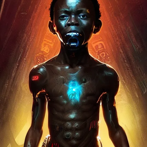 Image similar to a dark and ominous cyborg african child soldier with glowing eyes and facial scarification marks, Apex Legends character digital illustration portrait design, by android jones and greg rutkowski in a cyberpunk voodoo style, retrowave color scheme, detailed, cinematic lighting, wide angle action dynamic portrait