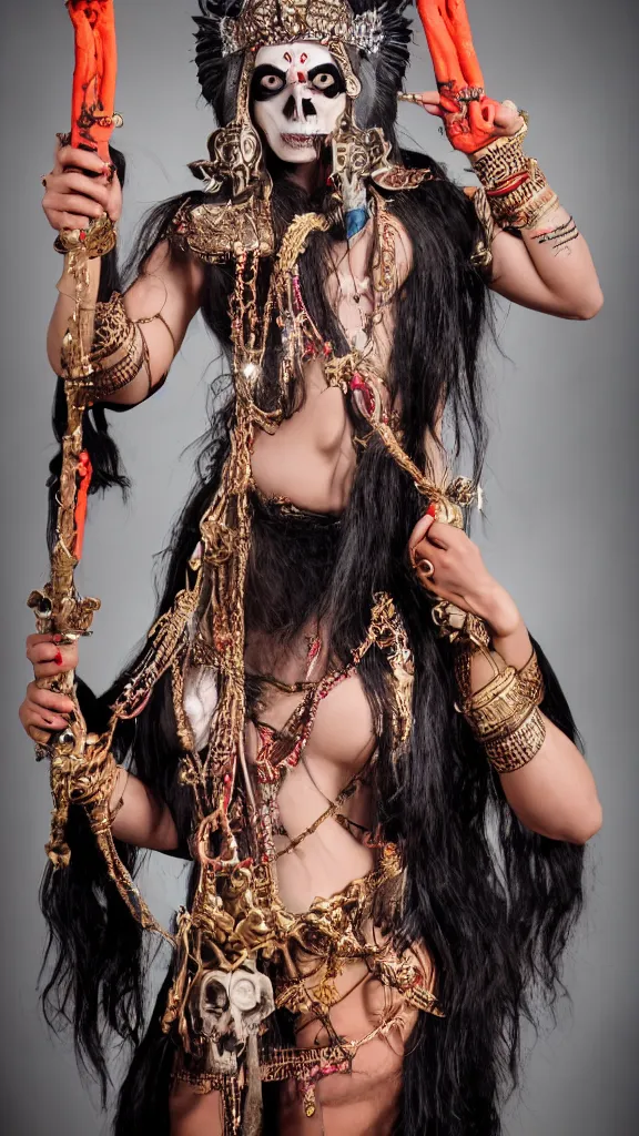 Image similar to hindu goddess of death, holding a skull on one hand and trident on another, posing for playboy photoshoot, studio lighting, cosplay