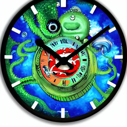 Image similar to misty deepfried hovering space sphere eel monster clock subcompact, by joe jusko and jackson pollock and georgia o'keefee, flat shading, detailed painting, seapunk