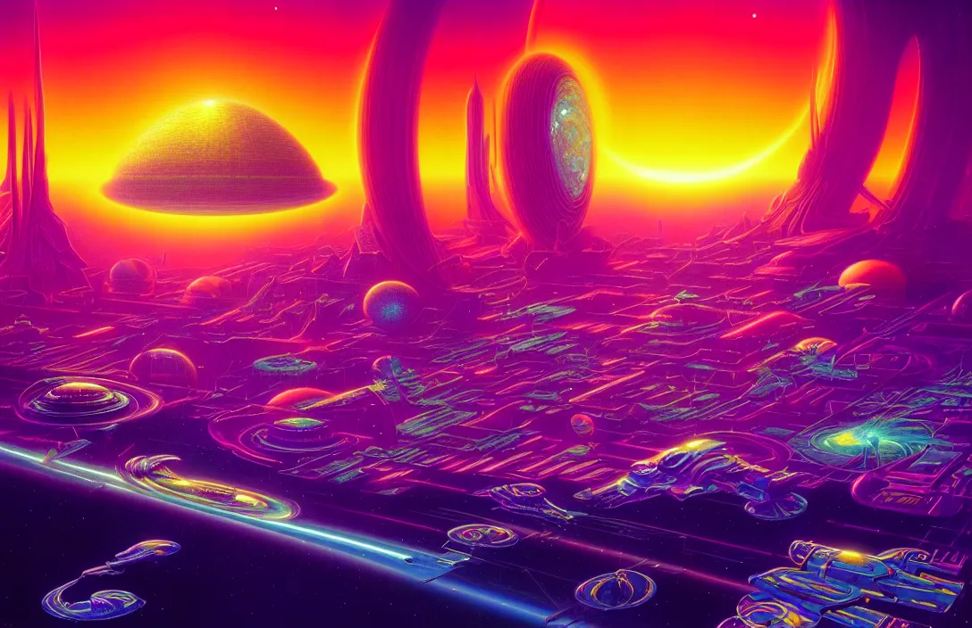 Image similar to cosmic sci - fi exo citys, infinite psychedelic waves, synthwave, bright neon colors, highly detailed, cinematic, panoramic, tim white, michael whelan, roger dean, bob eggleton, lisa frank, vladimir kush, kubrick, james gurney, giger