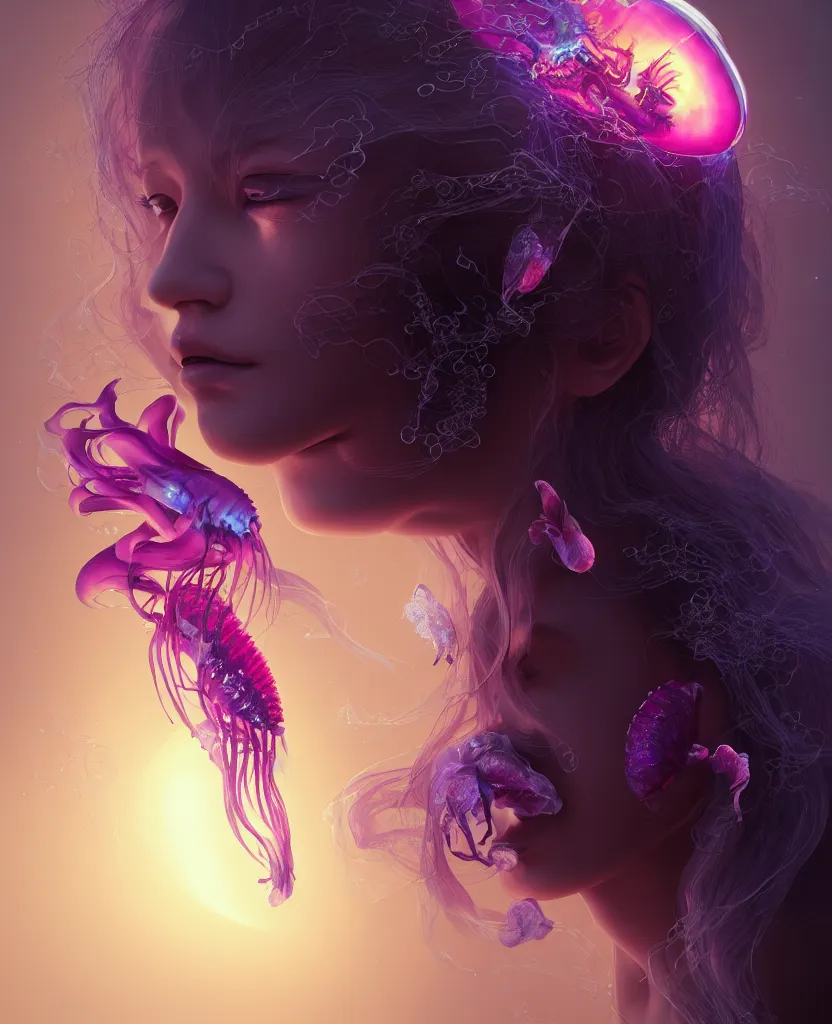 Image similar to beautiful female fused with orchid jellyfish, close-up portrait, dark, phoenix head, nautilus, skull, bioluminiscent, intricate artwork by Tooth Wu and wlop and beeple. octane render, trending on artstation, greg rutkowski, xsullo, very coherent symmetrical artwork. cinematic, hyper realism, high detail, octane render, 8k