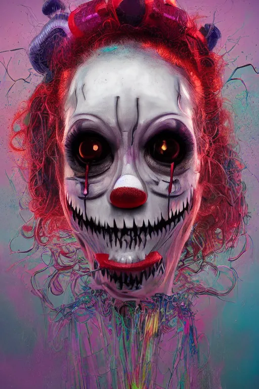 Prompt: portrait of a creepy clown girl skull. intricate abstract. intricate artwork. nightmare fuel. terrifying. by Tooth Wu, wlop, beeple, dan mumford. octane render, trending on artstation, greg rutkowski very coherent symmetrical artwork. cinematic, hyper realism, high detail, octane render, 8k, iridescent accents