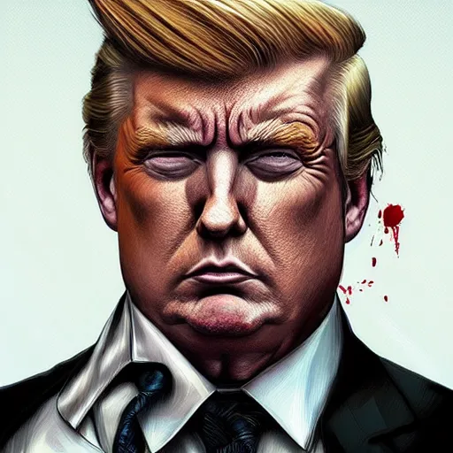 Image similar to portrait of Duke Nukem as Donald Trump, bloody, intricate, headshot, highly detailed, digital painting, artstation, concept art, sharp focus, illustration, art by artgerm and greg rutkowski and alphonse mucha