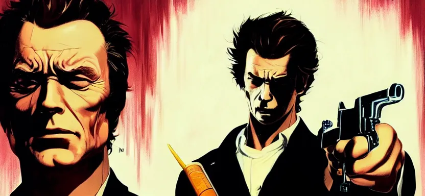 Image similar to dirty harry with a 4 4 magnum, digital painting masterpiece, by ilya kuvshinov, by frank frazetta, by mœbius, by reiq, by hayao miyazaki, intricate detail, beautiful brush strokes, advanced lighting technology, 4 k wallpaper, interesting character design, stylized yet realistic anatomy and faces, inspired by kill bill animated scene