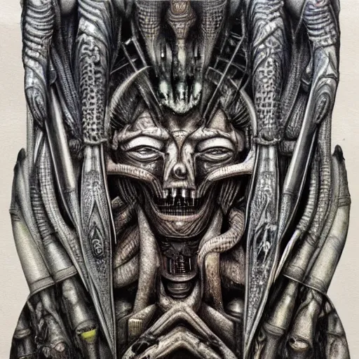 Image similar to battle between gods of all religions, airbrush painting by hr giger, illustration, intricate detail, award winning work,