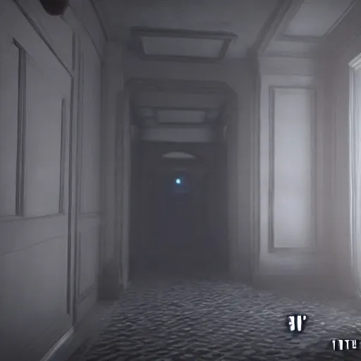 Image similar to in the house of p. t., dark hallway, bad camrea, hideo kojima's ghost form appears in front of you, unreal engine 5