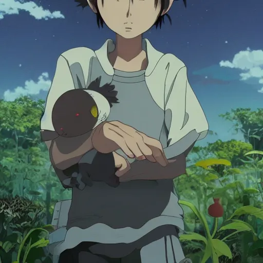 Prompt: friendly guy and small creature , with Fragile looking character portrait face made by Studio Ghibli highly detailed art, beautiful scene, sharp focus, smooth, 8k, anime art, wild, dark, fantasy, peaceful