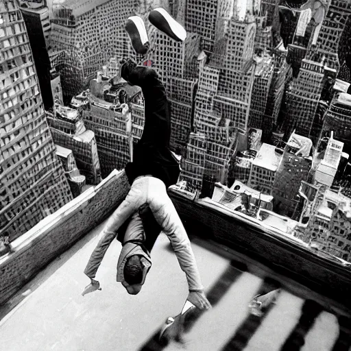 Prompt: A man doing a backflipping between rooftops in new york, Motion Blur, photographed by Henri Cartier-Bresson on a Leica camera