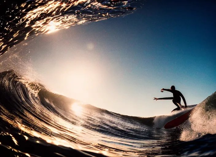 Image similar to a 2 8 mm macro photo of a surfer inside a curling wave, splash art, movie still, bokeh, canon 5 0 mm, cinematic lighting, dramatic, film, photography, golden hour, depth of field, award - winning, anamorphic lens flare, 8 k, hyper detailed, 3 5 mm film grain, hazy