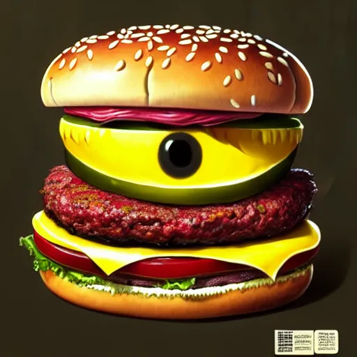 Prompt: a monster with a hamburger head on a suit, hamburger monster, burger face, burger with human eyes, burger with a mouth, very detailed eyes, character concept art, fantasy, intricate, fantasy drawing, illustration, highly detailed, hyperrealistic, cgsociety, artstation, oil painting by greg rutkowski, by artgerm