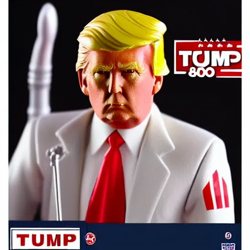 Prompt: close up of donald trump 8 0 s plastic action figure in its original box, dslr photo