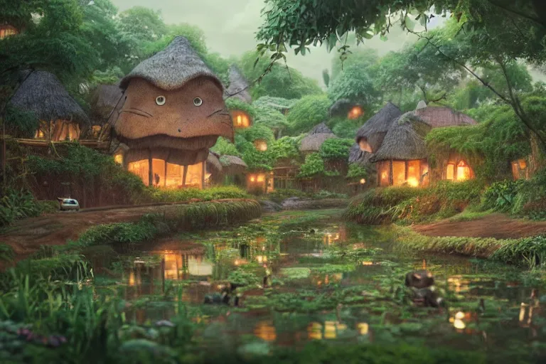 Prompt: village in my neighbor totoro ( 1 9 8 8 ), hyper realistic, ambient lighting, concept art, intricate, hyper detailed, smooth, dynamic volumetric lighting, octane, raytrace, cinematic, high quality, high resolution, 4 k, cgsociety, rutkowski, gurney