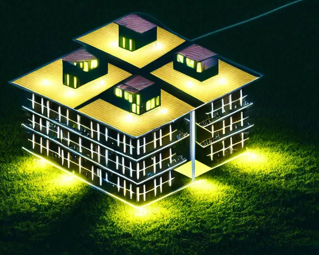 Prompt: connected ecovillage houses - plant goddess high quality photo, microchip, artificial intelligence, bio - mechanical bio - luminescence, black wired cables, neurons, nerve cells, cinematic, rim light, photo - realistic, elegant, high detail, 8 k, masterpiece, high fashion, in the style of man ray