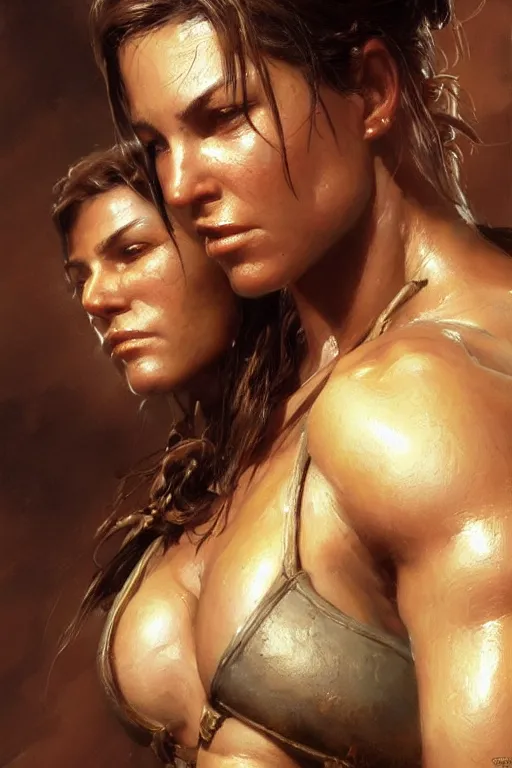 Image similar to muscular sweat lara croft, face close up, highly detailed painting by gaston bussiere, craig mullins, j. c. leyendecker 8 k