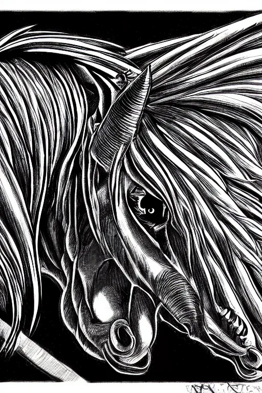 Prompt: evil horse with a horn, symmetrical, highly detailed, digital art, sharp focus, trending on art station, kentaro miura manga art style