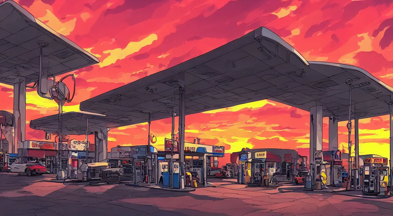 Prompt: gas station south west sunset beautiful artstation 4 k breathtaking concept art illustration cartoon by jack kirby