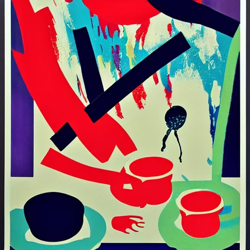 Prompt: imaginary cup of tea, abstract expressionism propaganda poster