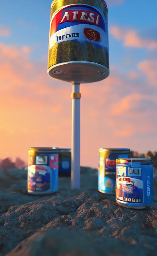 Prompt: Tower of blue cans of Spam, product shot, macro, hyper realistic, sunset, octane render, trending on artstation, artstationHD, artstationHQ, unreal engine, 4k, 8k