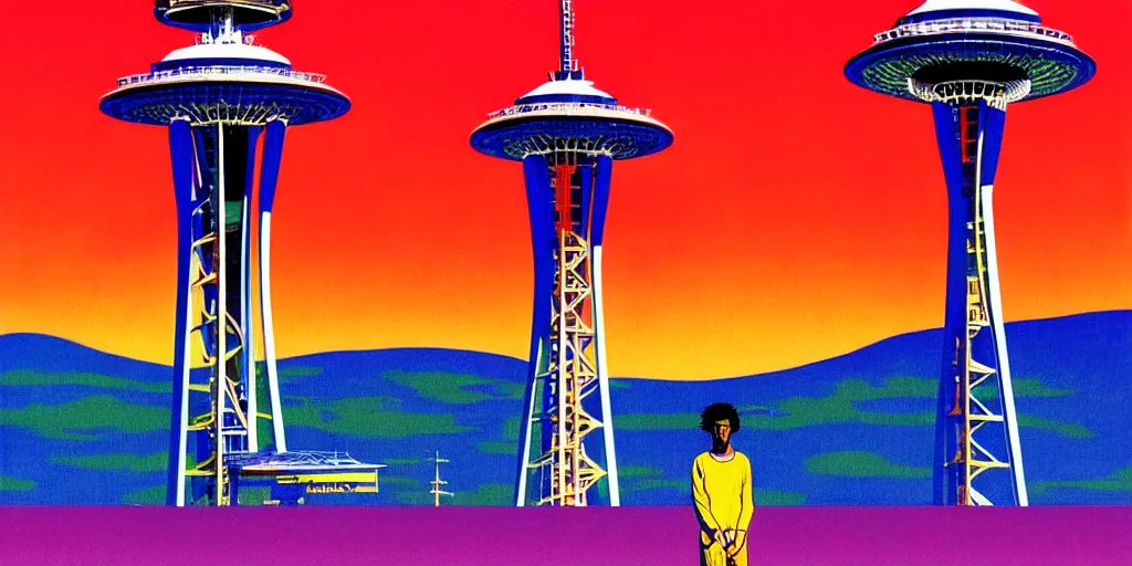 Prompt: playboi carti posing in front of the space needle, acid and dreaming psychedelic hallucinations, by kawase hasui, moebius and edward hopper, colorful flat surreal design, hd, 8 k, artstation