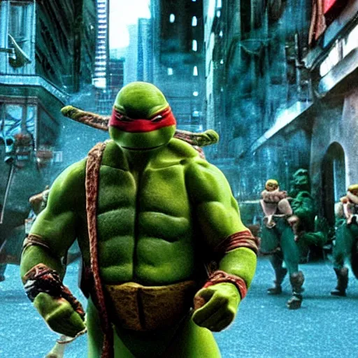 Prompt: tmnt in the matrix, film still