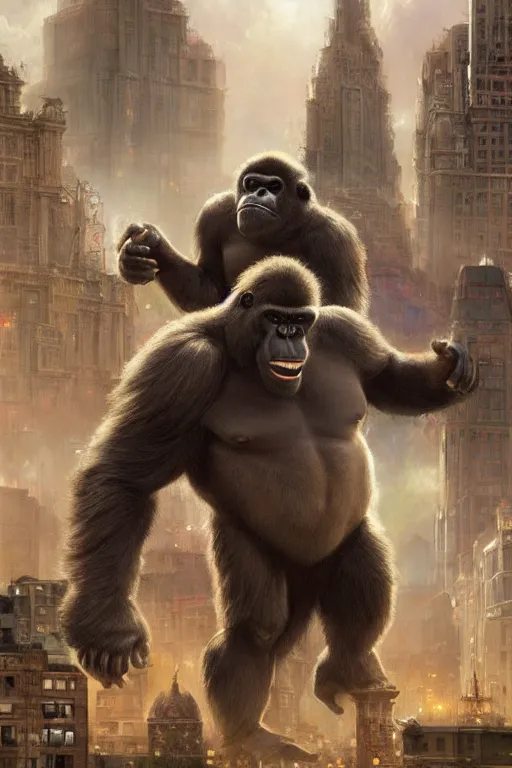 Image similar to giant gorilla destroying a city, detailed, 8 k, trending on artstation, smooth, sharp focus artwork by mark arian, artgerm, mark keathley, greg rutkowski and alphonse mucha