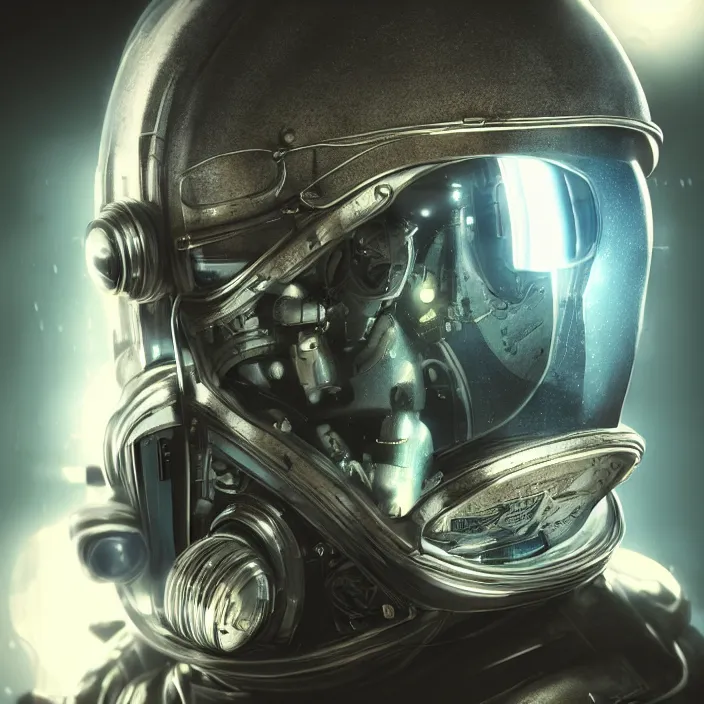 Image similar to portrait art of 8k ultra realistic retro futuristic astronaut helmet, lens flare, atmosphere, glow, detailed,intricate,blade runner, cybernetic, full of colour, cinematic lighting, trending on artstation, 4k, hyperrealistic, focused, extreme details,unreal engine 5, cinematic, masterpiece, art by ayami kojima, giger