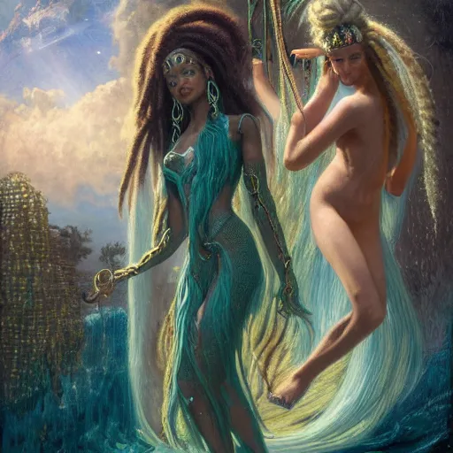 Image similar to birth of mami wata, sumerian goddess inanna ishtar, ashteroth, techno mystic goddess princess intergalactica, with aqua neon rapunzel dreadlocks, mami wata, detailed, by gaston bussiere, bayard wu, greg rutkowski, giger, maxim verehin, greg rutkowski, masterpiece, sharp focus,