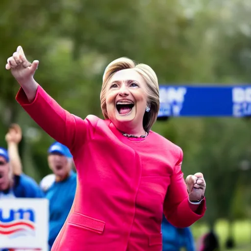 Image similar to hillary clinton running marathon screaming shouting hands in air