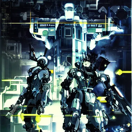 Image similar to the robot brothers orion and sirius, the ego and the id, the form and the function, the bird and the wolf, both were disconnected from the simulation by a human virus, game poster by yoji shinkawa