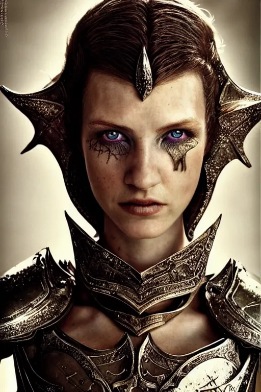 Image similar to head and shoulders portrait of an eldritch knight, elf, beautiful, female, breastplate, magical, high fantasy, d & d, by annie liebovitz, face details, extremely detailed, vogue fashion photo