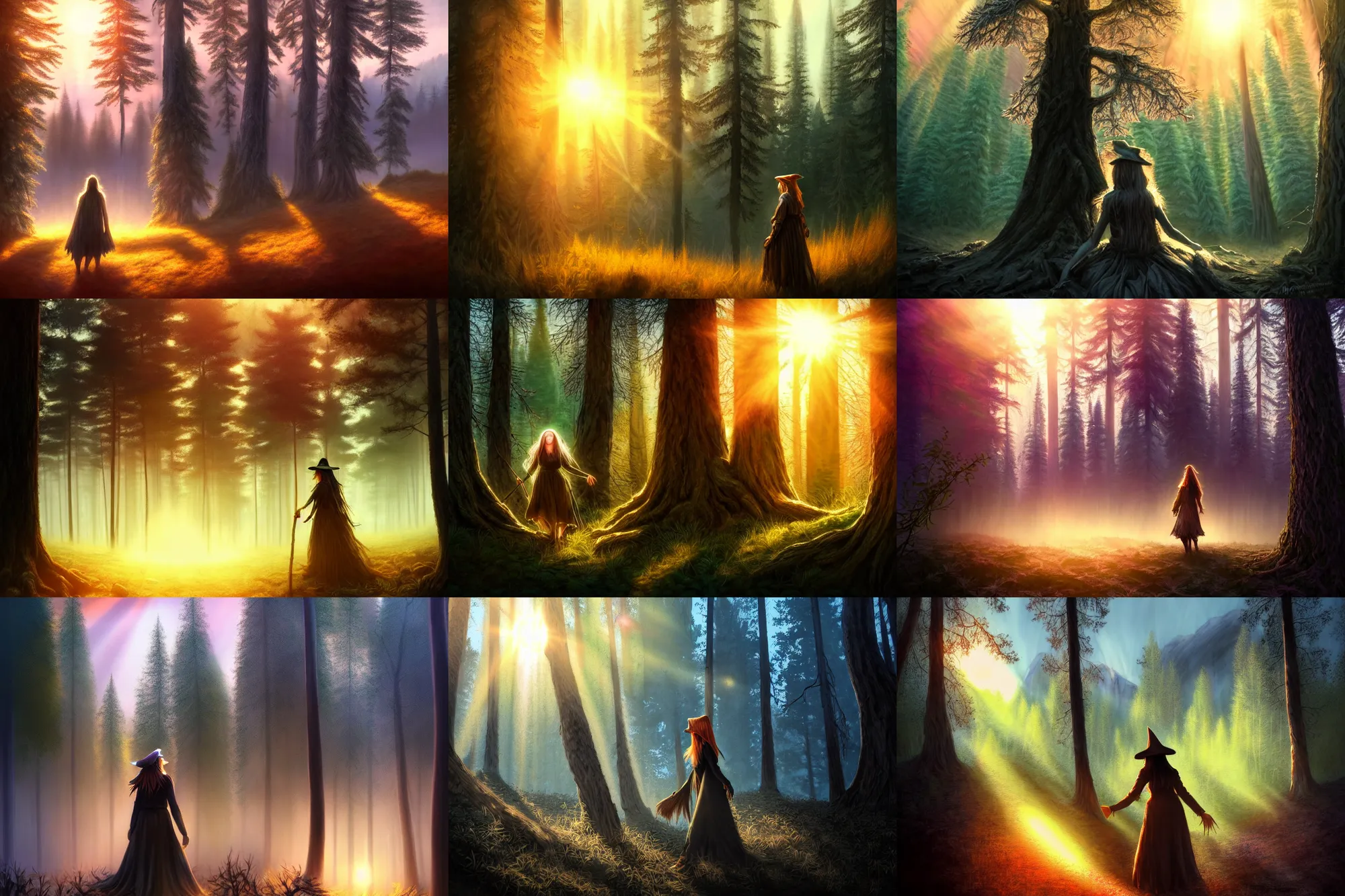 Prompt: ancient witch walking through a forest looking up at a tree during a beautiful sunset, lens flare, mountains in background with incredibly tall trees, highly detailed, hyperrealism high detailed figure, trending on artstation, ancient forest, misty forest, wispy smoke, realistic painting, sharp image, hyper realistic art, high detailed leaves, cinematic, illustration, concept art