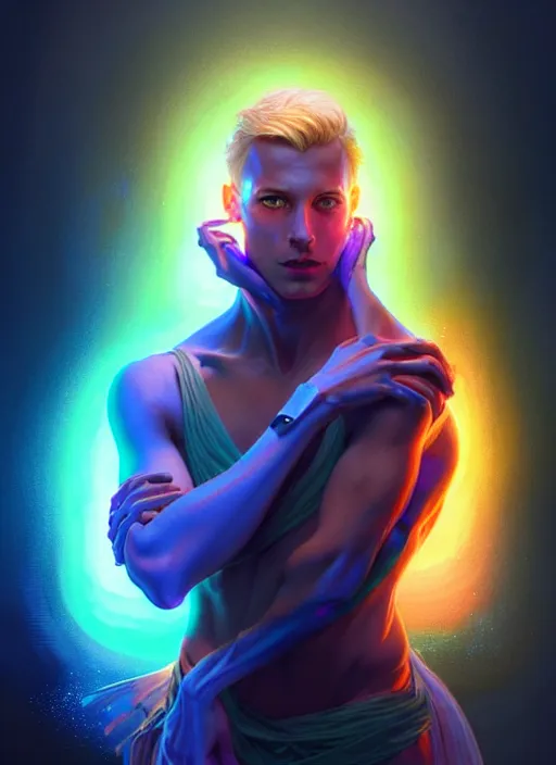 Image similar to a male faceless glowing liquefied stardust adventurer, dnd fantasy character, full body portrait, glowing neon skin, magical aura, ultra realistic, intricate, elegant, highly detailed, digital painting, artstation, smooth, sharp, focus, illustration, art by artgerm and greg rutkowski and alphonse mucha