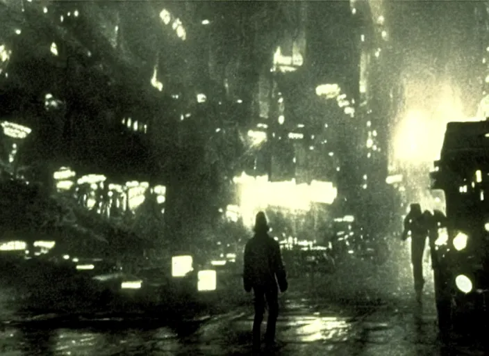 Image similar to scene from the 1912 science fiction film Blade Runner with the main character standing next to a vehicle