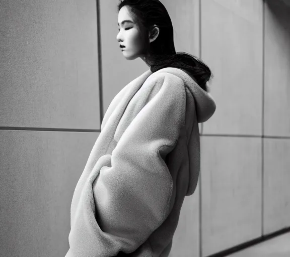 Image similar to well lit fashion shoot portrait of extremely beautiful female marble statue wearing huge over size puffer jacket by dingyun zhang, yeezy, balenciaga, vetements, a cold wall, sharp focus, clear, detailed,, cinematic, detailed, off white, glamourous, symmetrical, vogue, editorial, fashion, magazine shoot, glossy