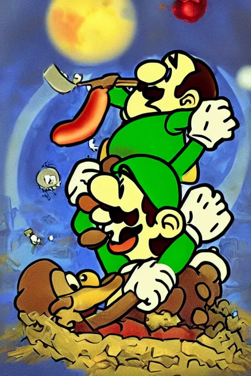 Prompt: mario devouring luigi in the style of saturn devouring his son by goya, digital art, canvas, goya, extremely detailed, clear facial features, grotesque