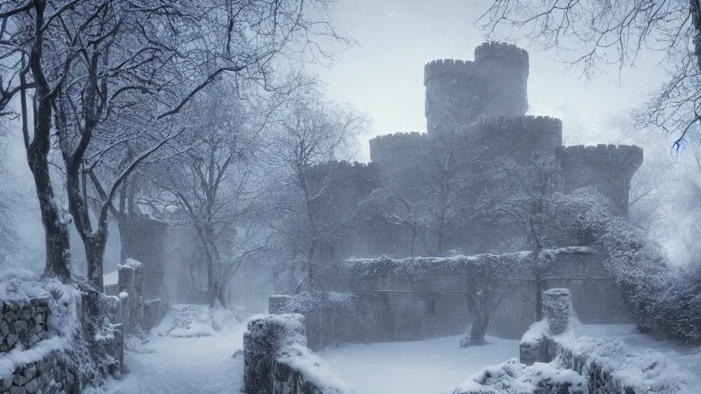 Image similar to the tall castle walls overshadow the secret garden in winter. andreas achenbach, artgerm, mikko lagerstedt, zack snyder, tokujin yoshioka