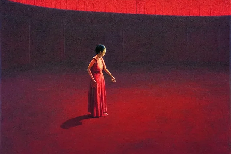 Prompt: a asian female standing center in the octogon, sportspalast amphitheatre, crowd hails her, in the style of beksinski, parts by edward hopper, parts by rodcenko, parts by yue minjun, intricate and epic composition, purple by caravaggio, insanely quality, highly detailed, masterpiece, red light, artstation, 4 k