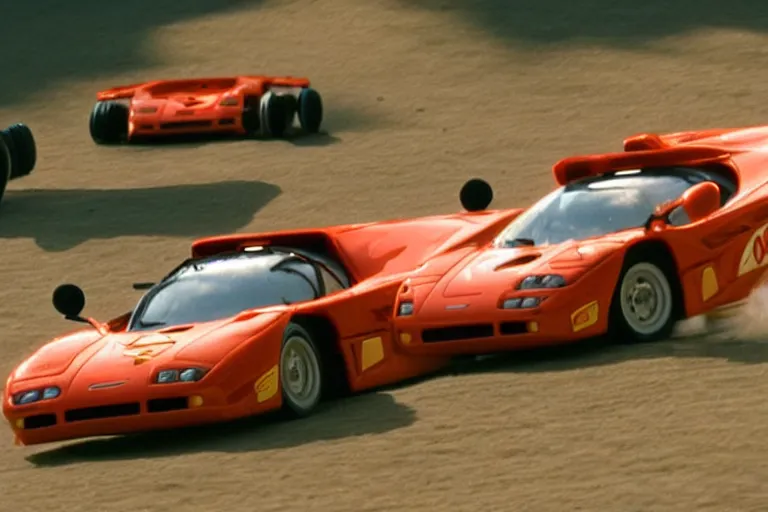 Prompt: film still of a tractor racing McLaren F1 in Pixar’s Cars (2006), 8k,