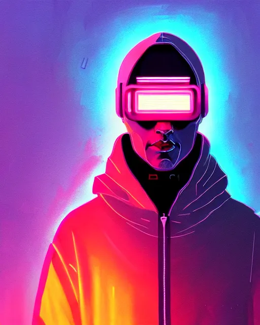 Prompt: cyberpunk synth, hyper - realistic portrait of a man in a hoodie with detailed neon mask, cyberpunk, by atey ghailan, by greg rutkowski, by greg tocchini, by james gilleard, by joe fenton, by kaethe butcher, dynamic lighting, gradient light blue, brown, cinematic lighting color scheme, sharp focus, grunge aesthetic