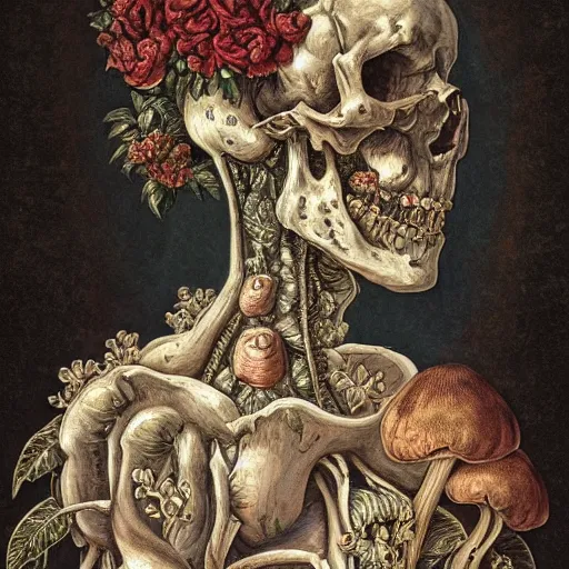 Image similar to a beautiful detailed front view rococo portrait of a rotten woman corpse becoming almost a skull with face muscles, veins, arteries, fractal plants and fractal flowers and mushrooms growing around, intricate, ornate, volumetric light, beautiful lit, beetlejuice