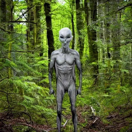 Prompt: trail cam photo of a grey alien in a forest