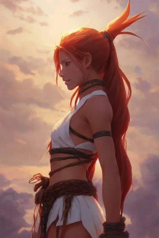 Image similar to long ginger hair, tanned woman in a prehistoric outfit, by artgerm, hair tied in a ponytail, white backdrop, soft lighting, cold colors, by greg rutkowski makoto shinkai takashi takeuchi