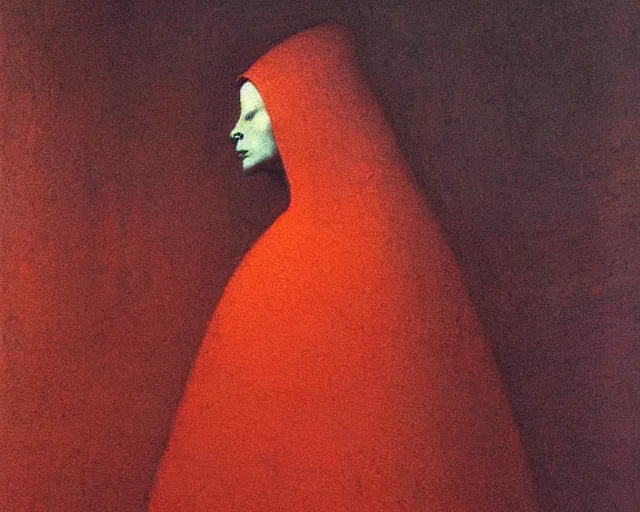 Prompt: by francis bacon, beksinski, mystical redscale photography evocative. devotion to the scarlet woman, priestess in a conical hat, coronation, ritual, sacrament