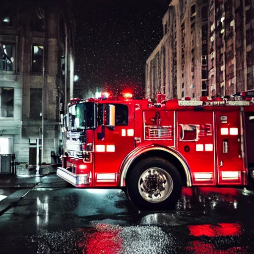 Prompt: A firetruck at night, city streets, back view, off angle, rule of thirds, dark shading, flashing lights, wet reflective concrete, city, photograph, award winning, deviantart