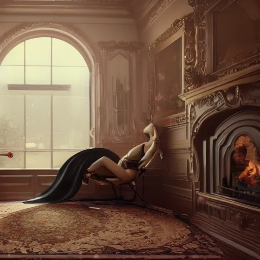 Prompt: Futuristic automaton reclining on a fainting couch in front of a large fireplace in a Victorian home in the future, octane render, extremely detailed, cinematic lighting, 8k, lens flare, cinematic movie photograph, closeup portrait, trending on artstation, cgsociety, award-winning art, by Simon Stalenhag