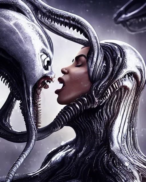 Prompt: cinematic still of kim kardashian being mouth fed by an xenomorph in a transparent alien liquid, wet flowing hair, gooey skin, illustration, unreal engine 5, 8 k, directed by h. r. giger.