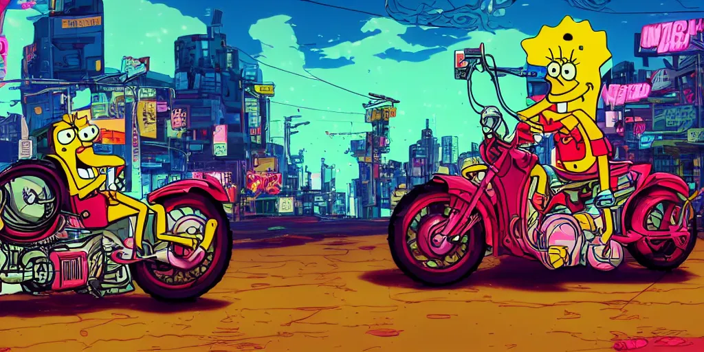 Image similar to sponge bob akira, riding a motorcycle on the neonpunk street.