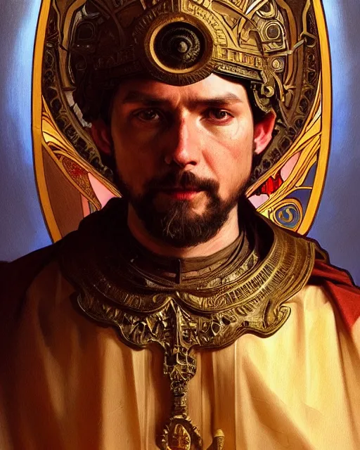 Image similar to realistic wide angle portrait of a bishop, heroic pose, beautiful face, full body, dramatic lighting, intricate, wild, highly detailed, digital painting, artstation, concept art, smooth, sharp focus, illustration, art by artgerm and greg rutkowski and alphonse mucha, footage from space camera